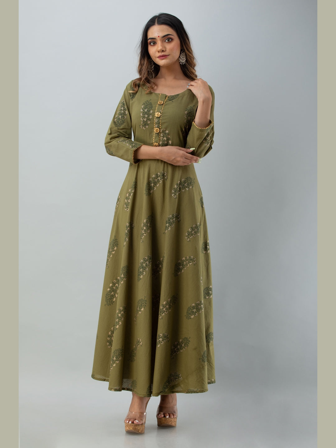 Cotton Printed Round Neck 3/4 Sleeve Flared Ankle Length Kurta