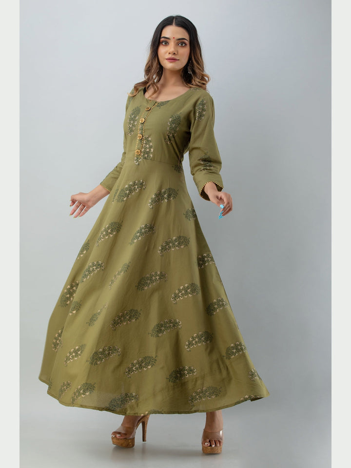 Cotton Printed Round Neck 3/4 Sleeve Flared Ankle Length Kurta
