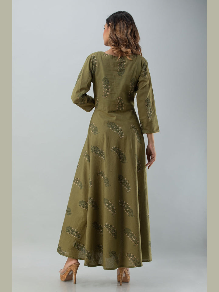 Cotton Printed Round Neck 3/4 Sleeve Flared Ankle Length Kurta