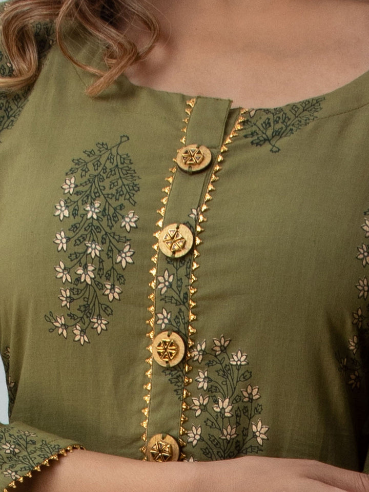 Cotton Printed Round Neck 3/4 Sleeve Flared Ankle Length Kurta