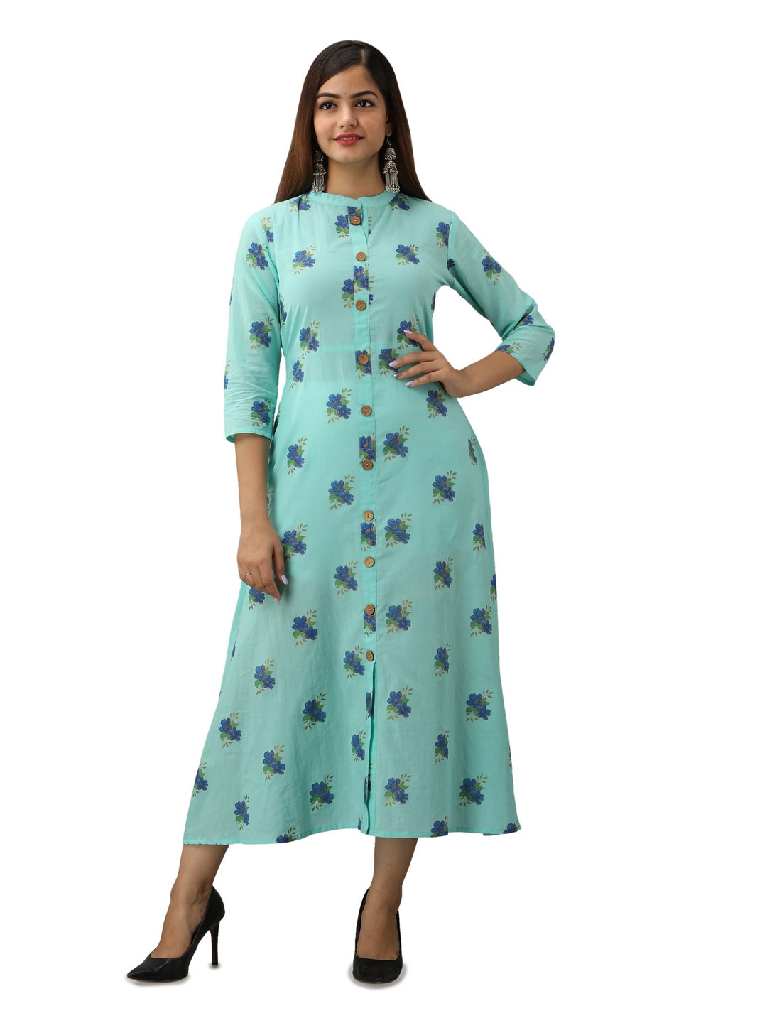 Cotton Printed Mandarin Neck 3/4 Sleeve A-line Ankle Length Kurta