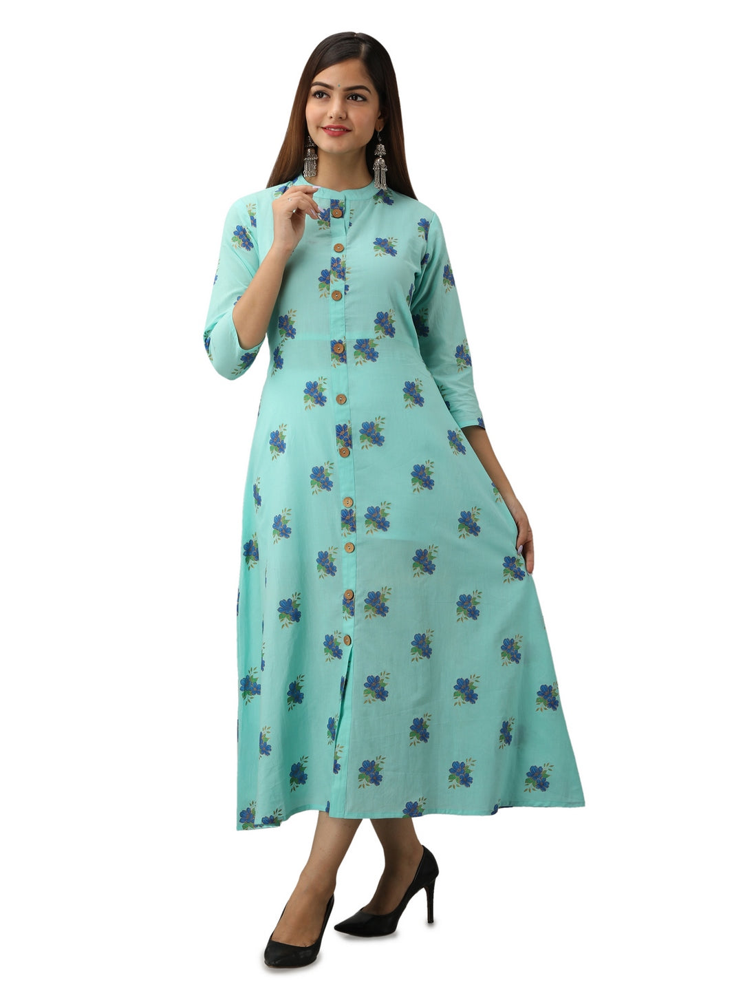 Cotton Printed Mandarin Neck 3/4 Sleeve A-line Ankle Length Kurta