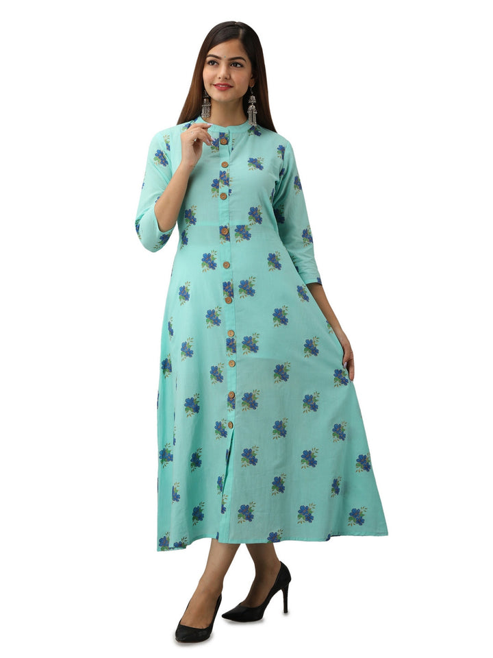 Cotton Printed Mandarin Neck 3/4 Sleeve A-line Ankle Length Kurta