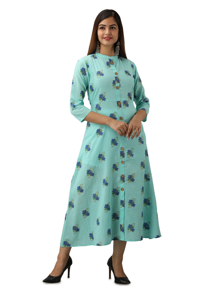 Cotton Printed Mandarin Neck 3/4 Sleeve A-line Ankle Length Kurta