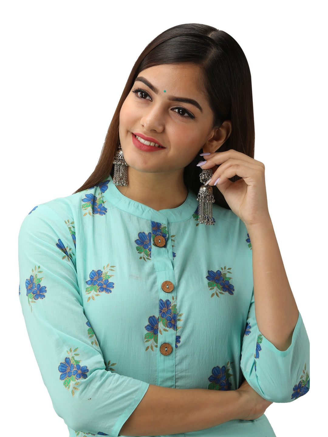 Cotton Printed Mandarin Neck 3/4 Sleeve A-line Ankle Length Kurta