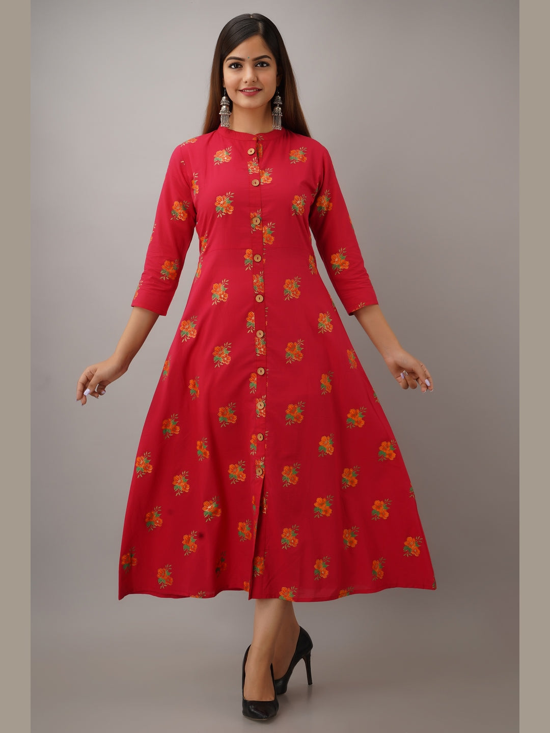 Cotton Printed Mandarin Neck 3/4 Sleeve A-line Ankle Length Kurta