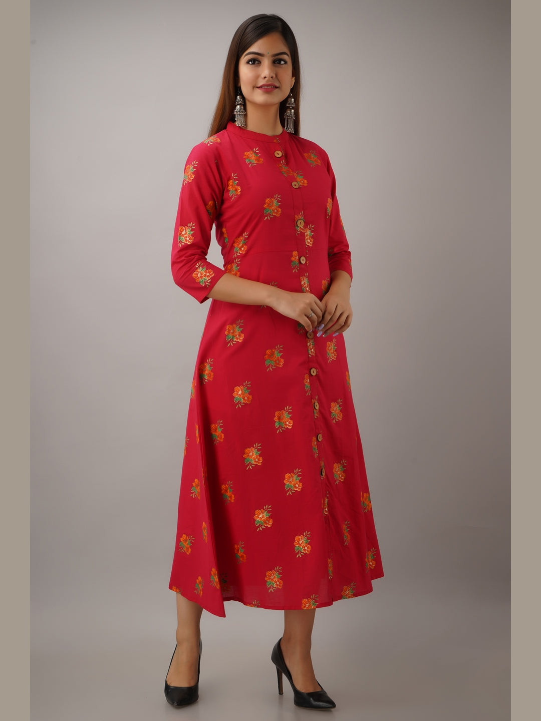 Cotton Printed Mandarin Neck 3/4 Sleeve A-line Ankle Length Kurta