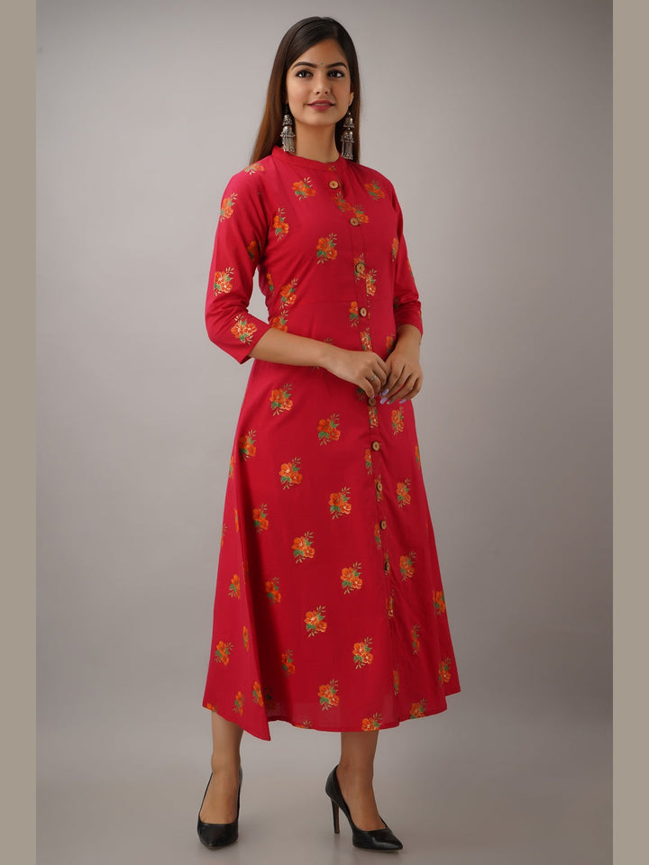 Cotton Printed Mandarin Neck 3/4 Sleeve A-line Ankle Length Kurta
