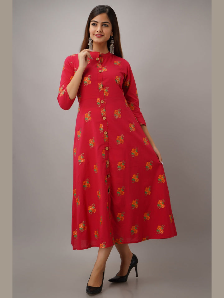 Cotton Printed Mandarin Neck 3/4 Sleeve A-line Ankle Length Kurta