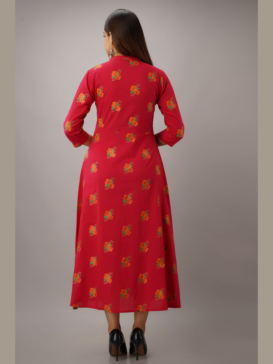 Cotton Printed Mandarin Neck 3/4 Sleeve A-line Ankle Length Kurta