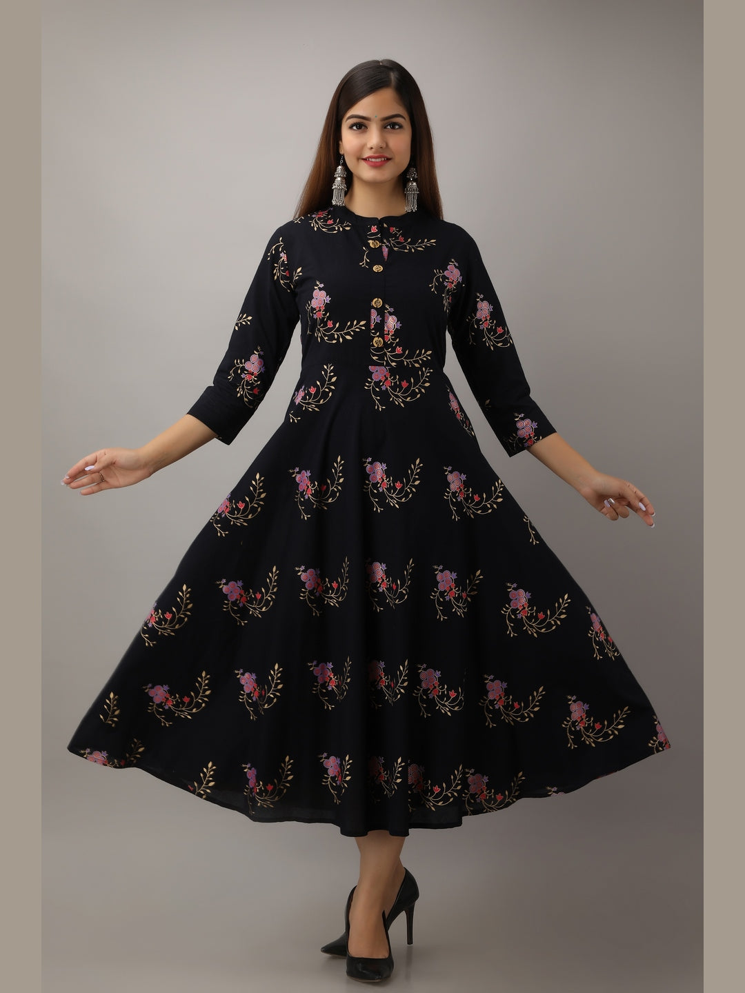 Cotton Printed Mandarin Neck 3/4 Sleeve Flared Ankle Length Kurta