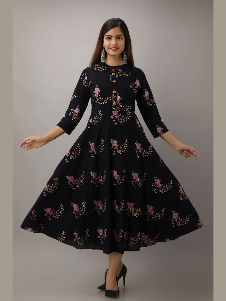 Cotton Printed Mandarin Neck 3/4 Sleeve Flared Ankle Length Kurta