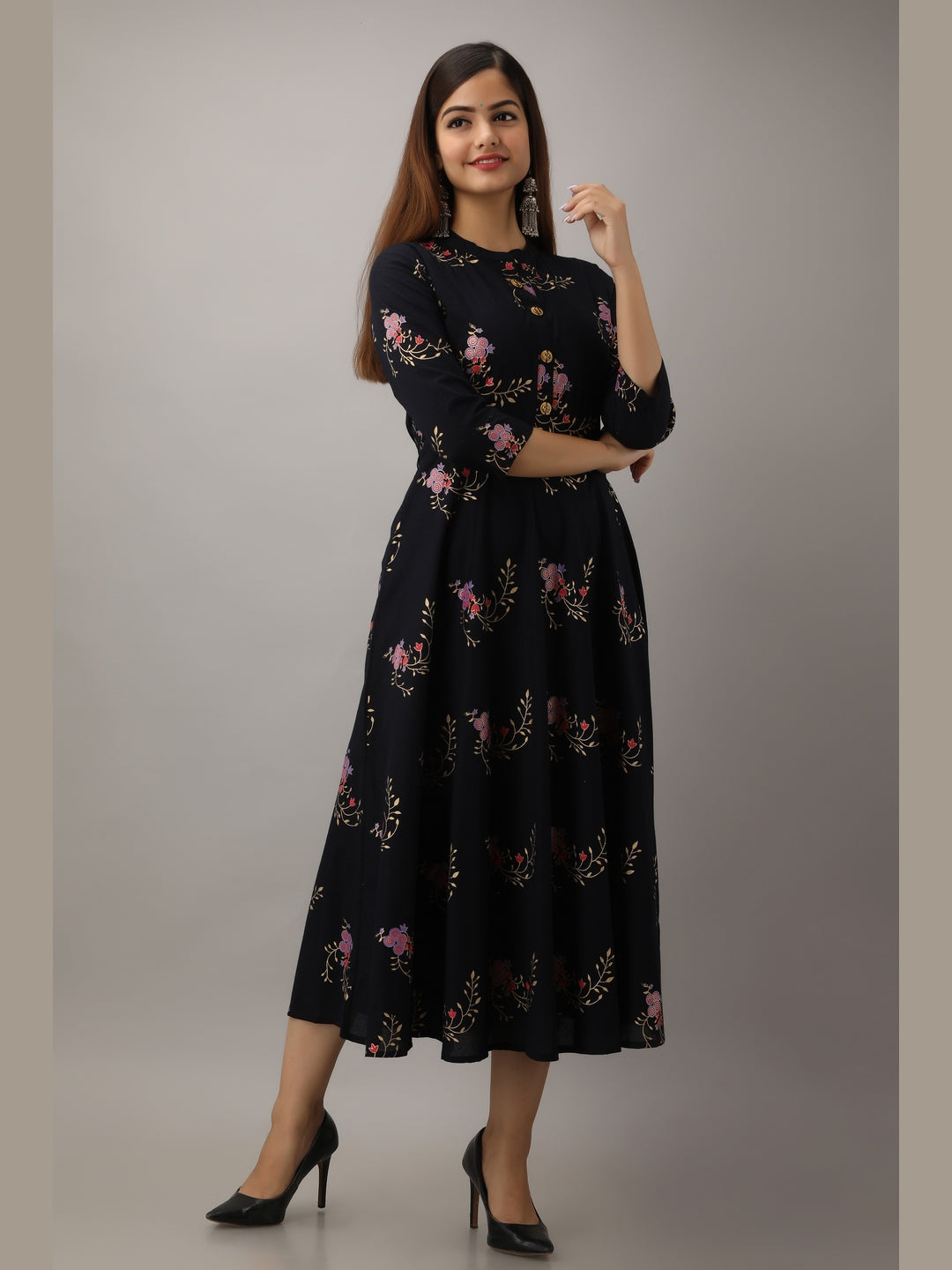 Cotton Printed Mandarin Neck 3/4 Sleeve Flared Ankle Length Kurta