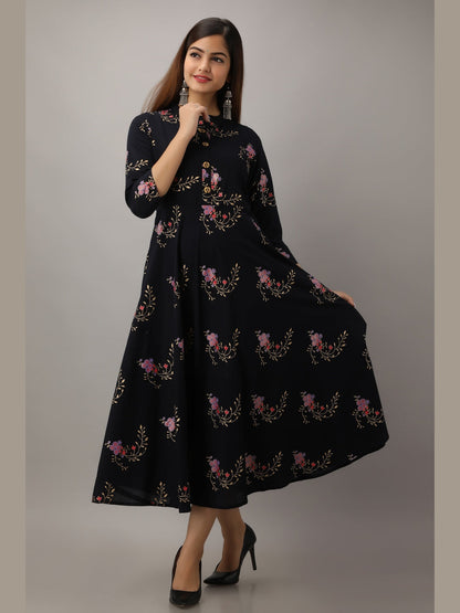 Cotton Printed Mandarin Neck 3/4 Sleeve Flared Ankle Length Kurta