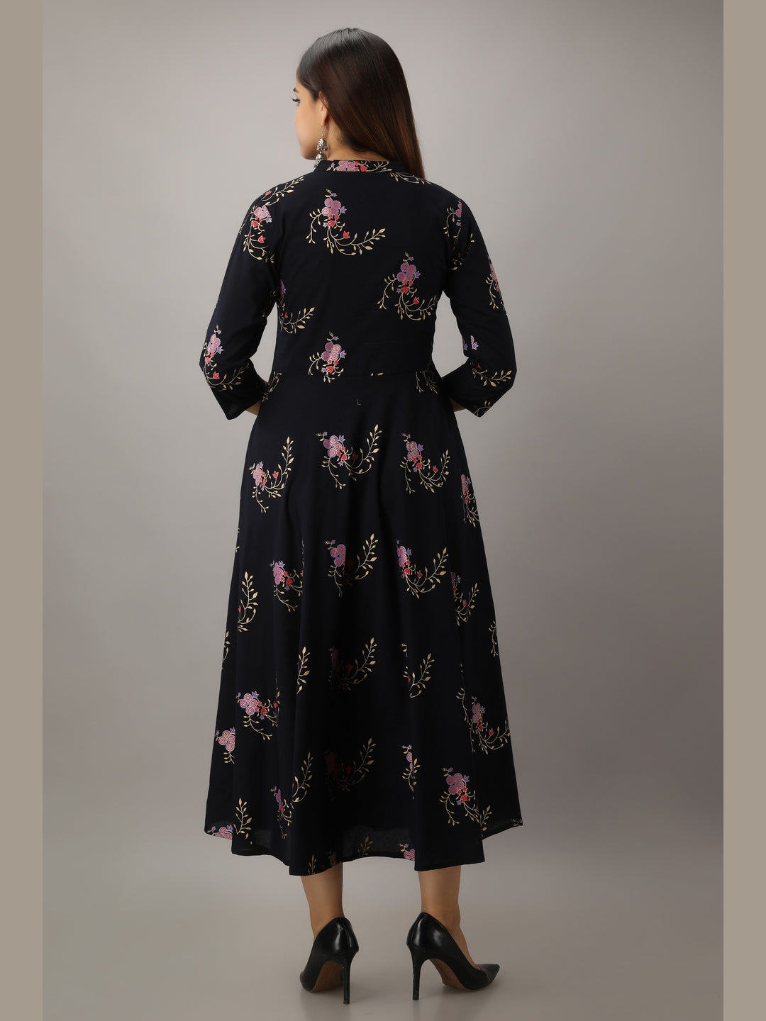 Cotton Printed Mandarin Neck 3/4 Sleeve Flared Ankle Length Kurta
