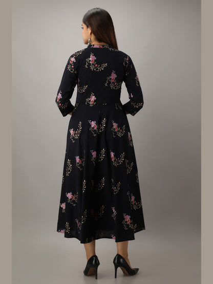 Cotton Printed Mandarin Neck 3/4 Sleeve Flared Ankle Length Kurta