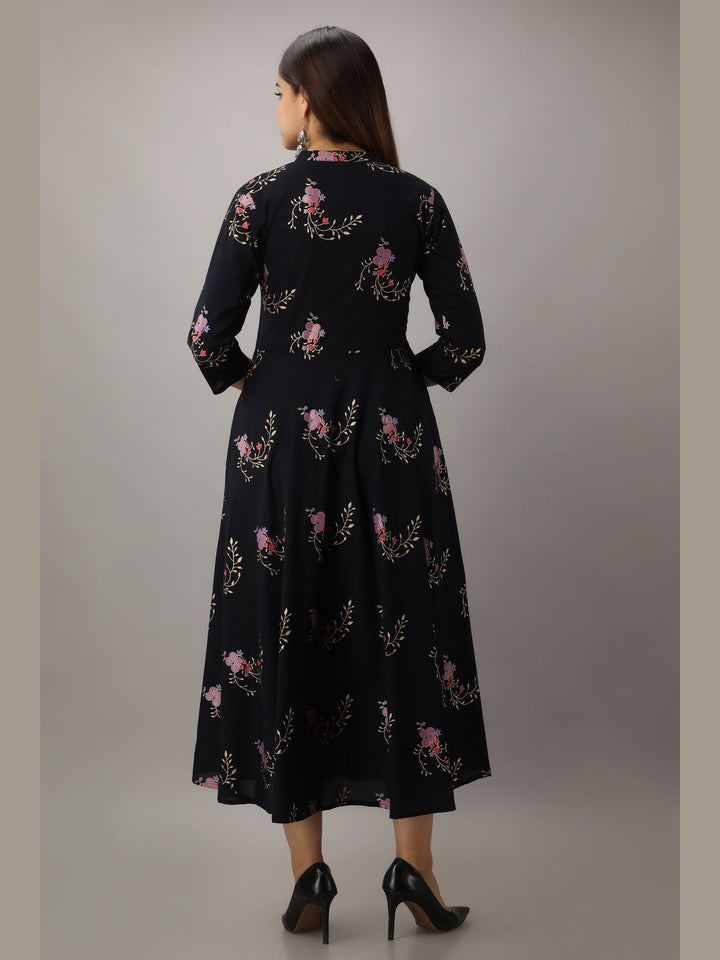 Cotton Printed Mandarin Neck 3/4 Sleeve Flared Ankle Length Kurta