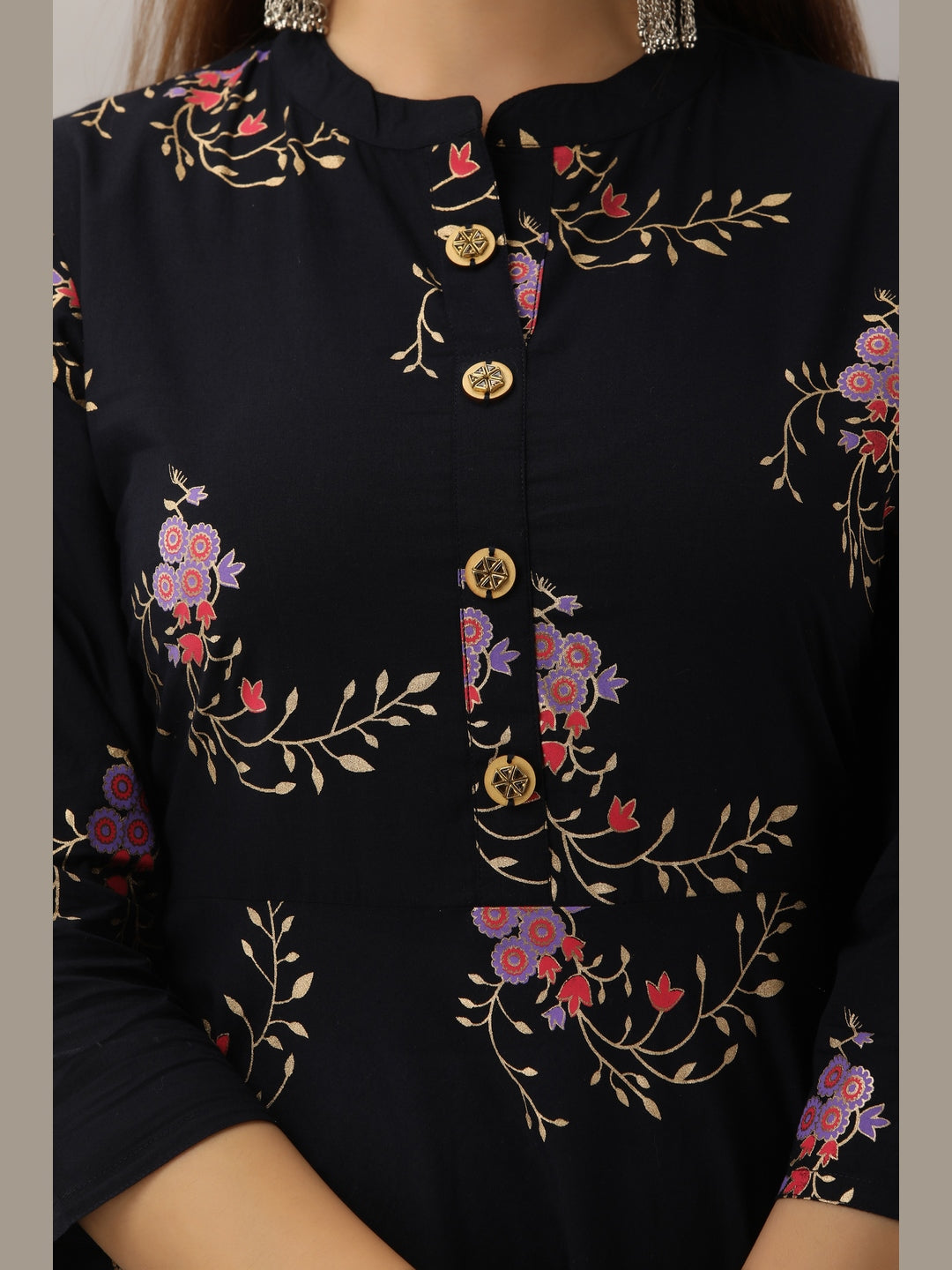 Cotton Printed Mandarin Neck 3/4 Sleeve Flared Ankle Length Kurta