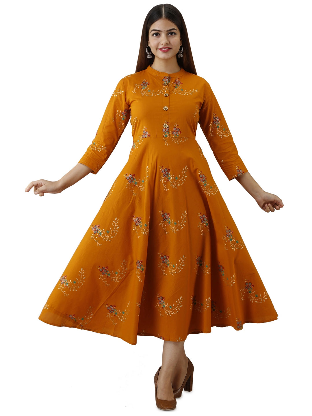 Cotton Printed Mandarin Neck 3/4 Sleeve Flared Ankle Length Kurta
