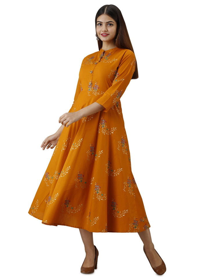Cotton Printed Mandarin Neck 3/4 Sleeve Flared Ankle Length Kurta