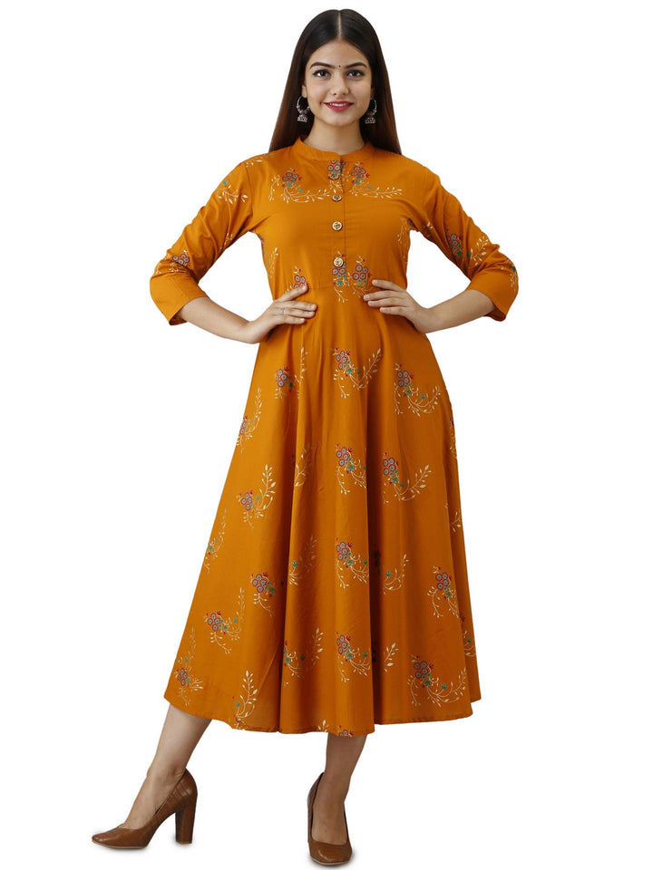 Cotton Printed Mandarin Neck 3/4 Sleeve Flared Ankle Length Kurta
