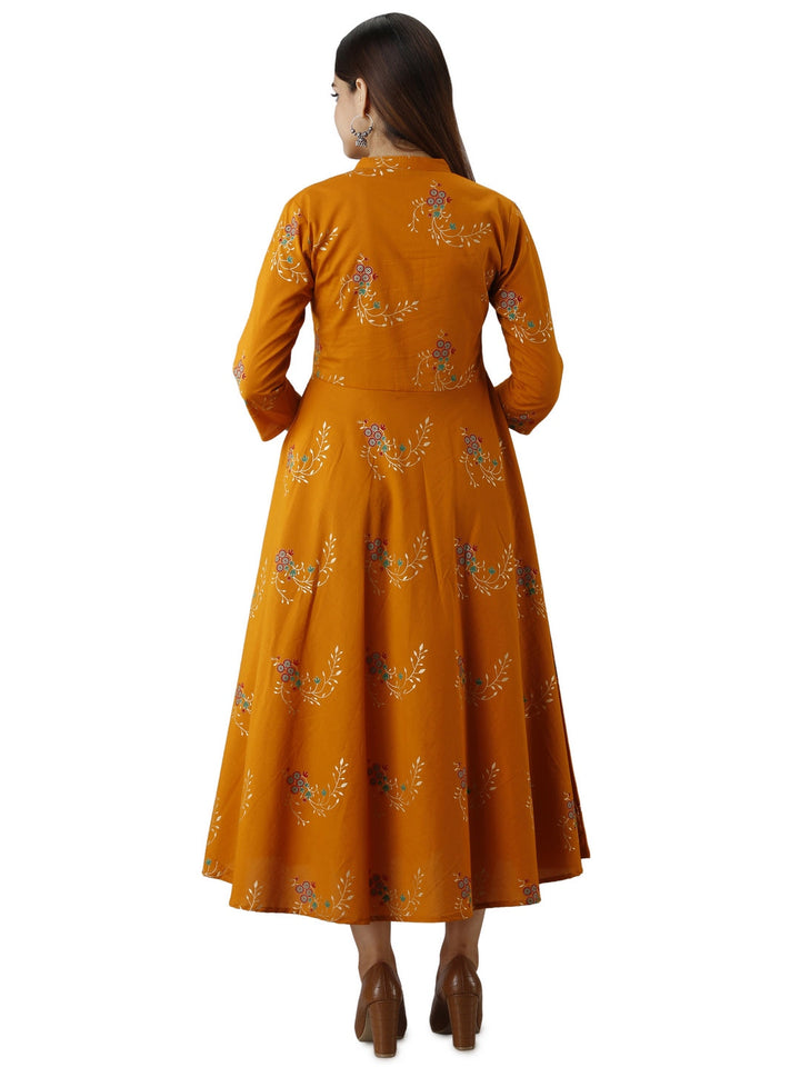 Cotton Printed Mandarin Neck 3/4 Sleeve Flared Ankle Length Kurta