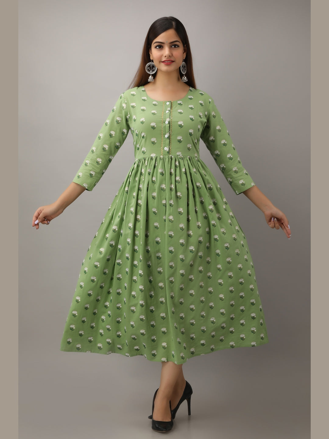 Cotton Printed Round Neck 3/4 Sleeve Flared Ankle Length Kurta