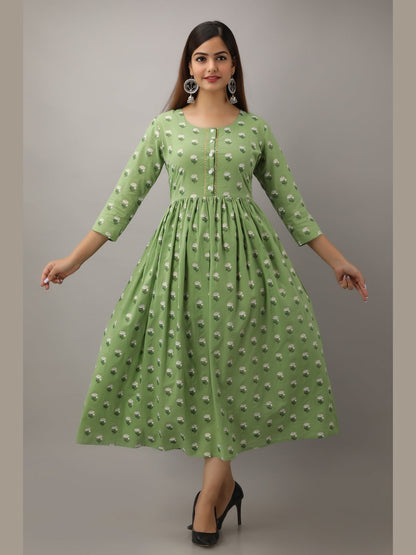 Cotton Printed Round Neck 3/4 Sleeve Flared Ankle Length Kurta