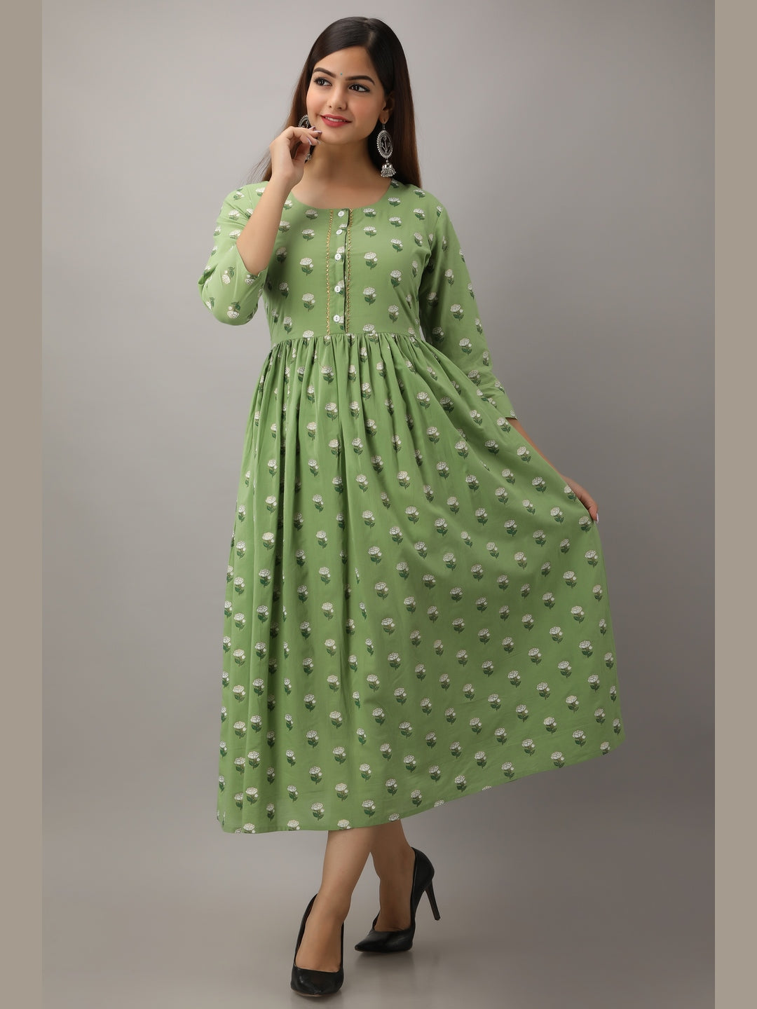 Cotton Printed Round Neck 3/4 Sleeve Flared Ankle Length Kurta
