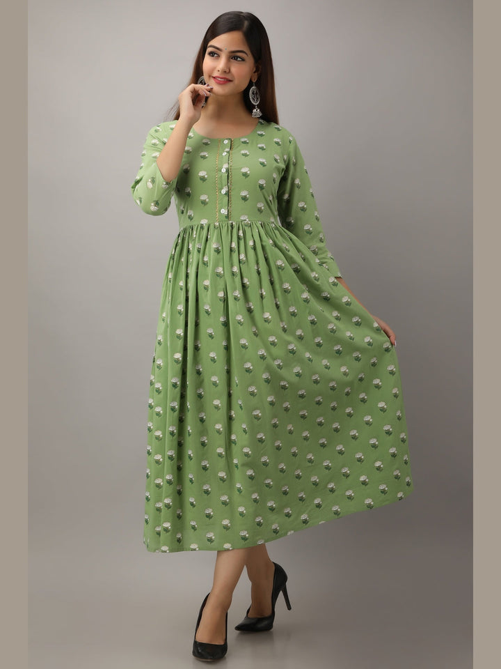 Cotton Printed Round Neck 3/4 Sleeve Flared Ankle Length Kurta
