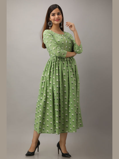 Cotton Printed Round Neck 3/4 Sleeve Flared Ankle Length Kurta
