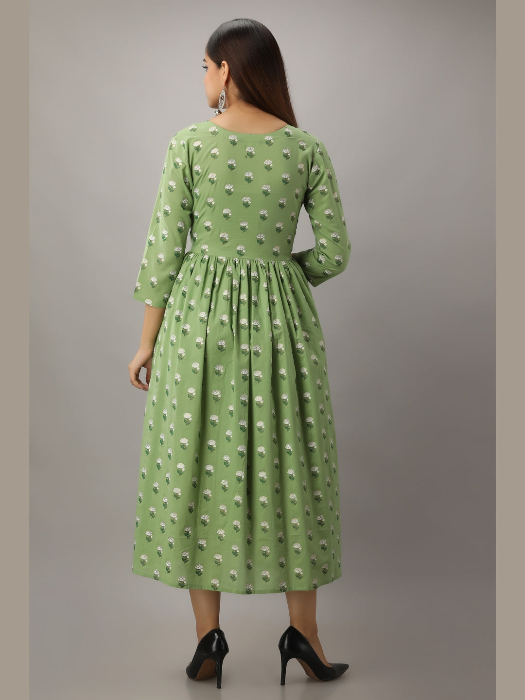 Cotton Printed Round Neck 3/4 Sleeve Flared Ankle Length Kurta