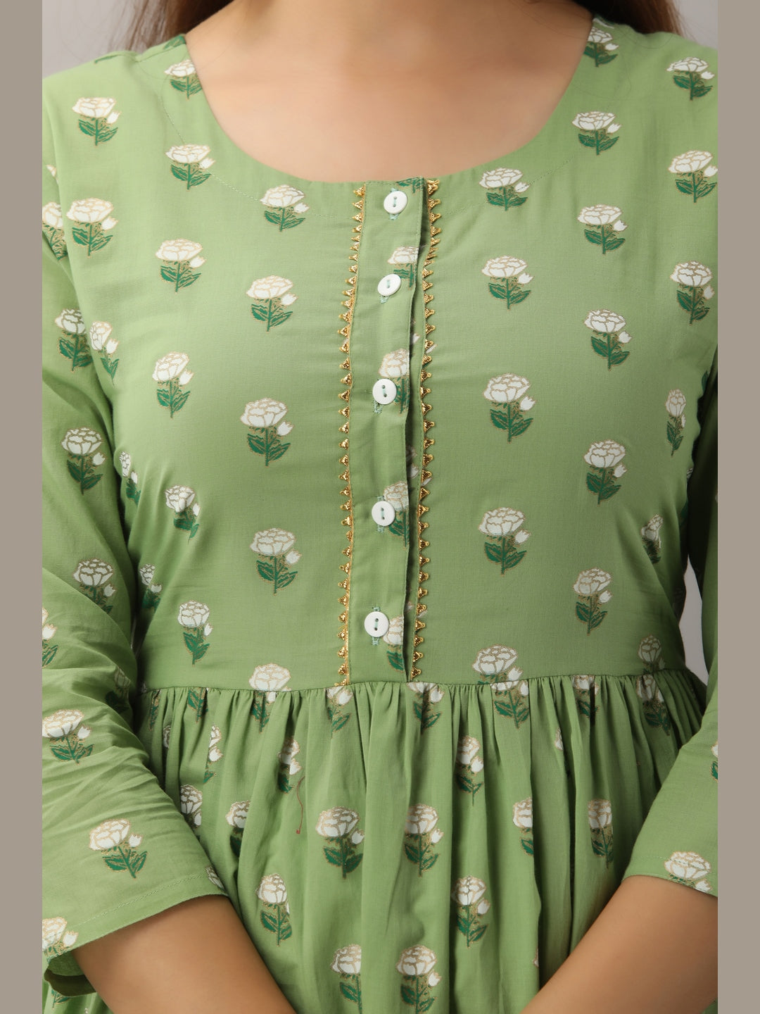 Cotton Printed Round Neck 3/4 Sleeve Flared Ankle Length Kurta