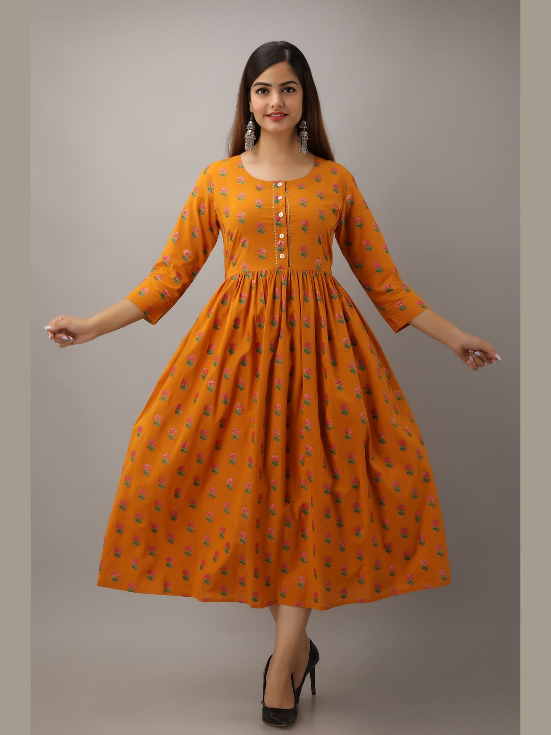 Cotton Printed Round Neck 3/4 Sleeve Flared Ankle Length Kurta