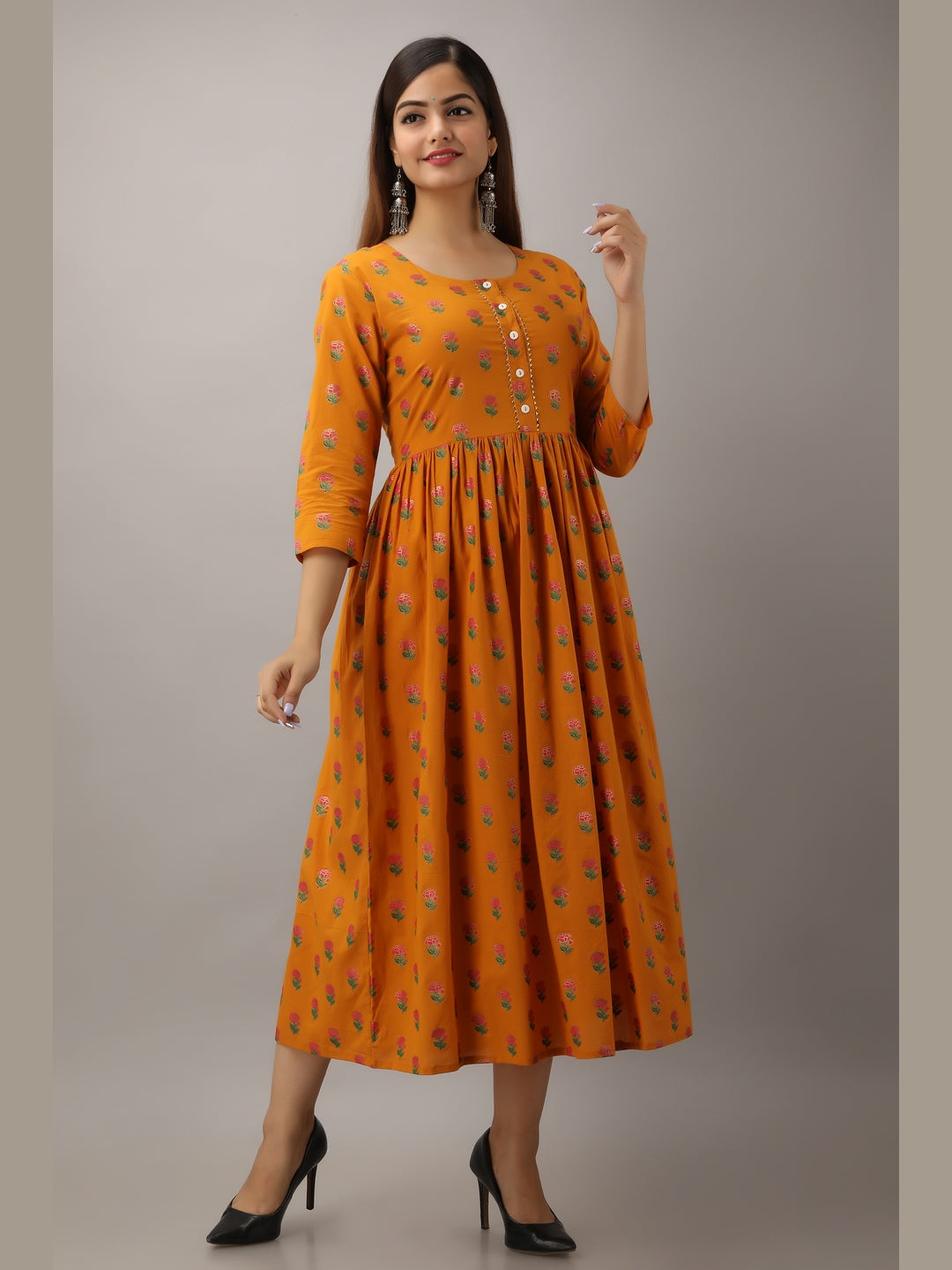 Cotton Printed Round Neck 3/4 Sleeve Flared Ankle Length Kurta