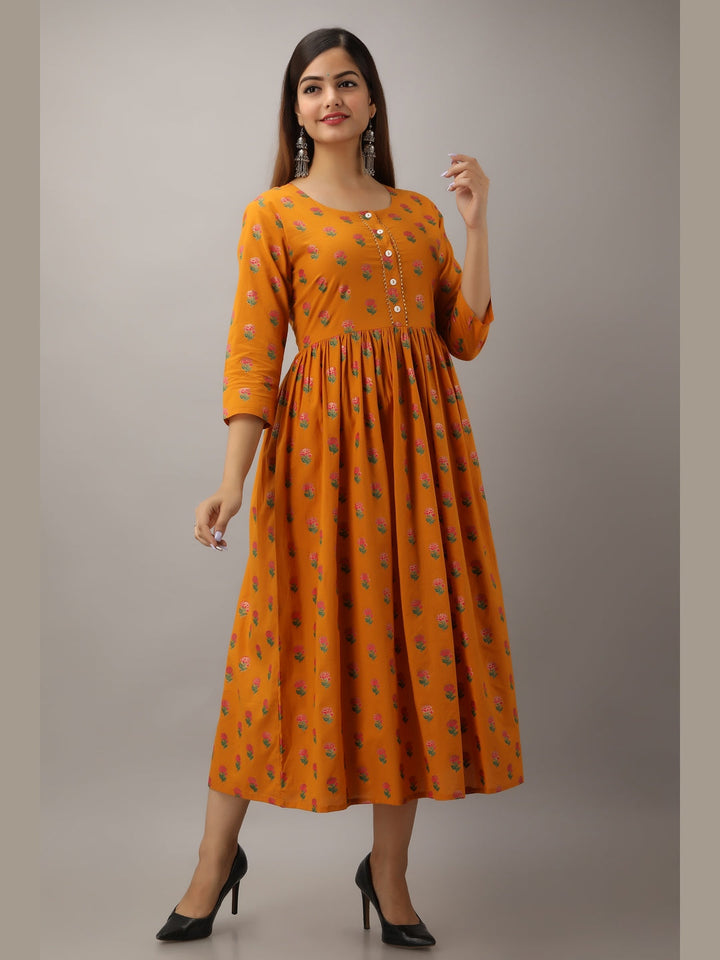 Cotton Printed Round Neck 3/4 Sleeve Flared Ankle Length Kurta