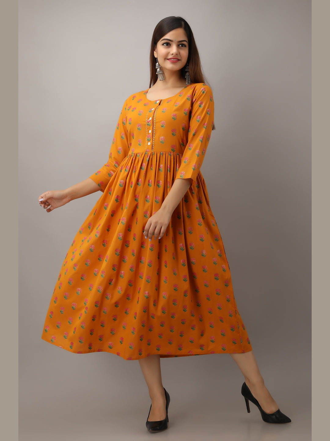 Cotton Printed Round Neck 3/4 Sleeve Flared Ankle Length Kurta