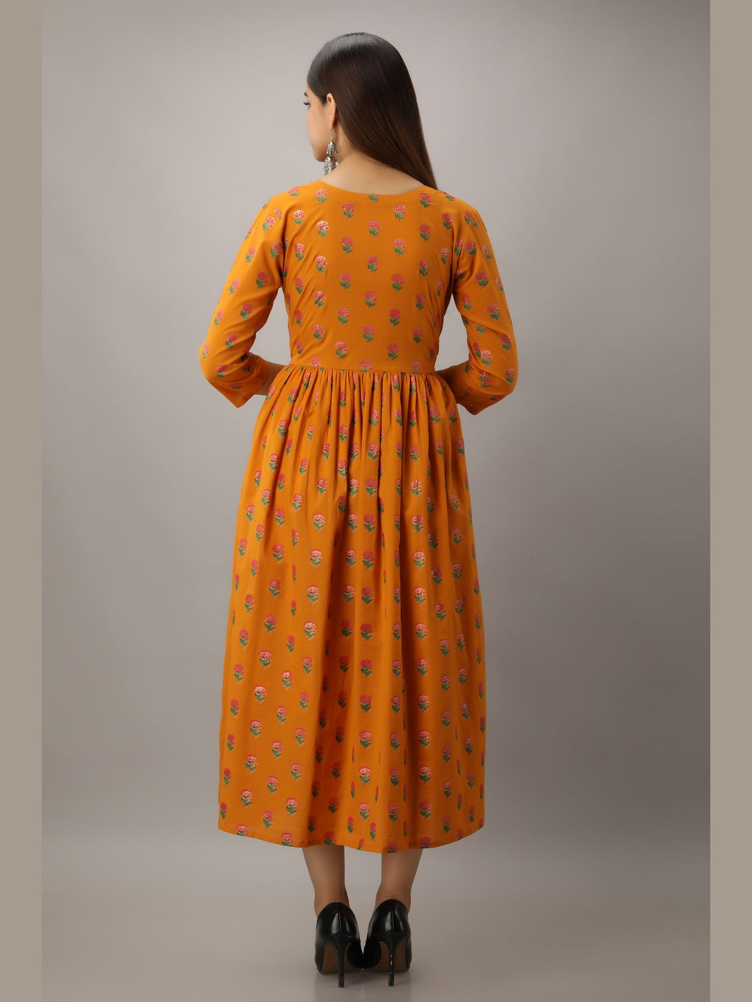 Cotton Printed Round Neck 3/4 Sleeve Flared Ankle Length Kurta