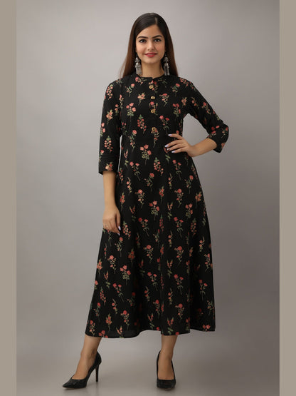 Cotton Printed Mandarin Neck 3/4 Sleeve A-line Ankle Length Kurta