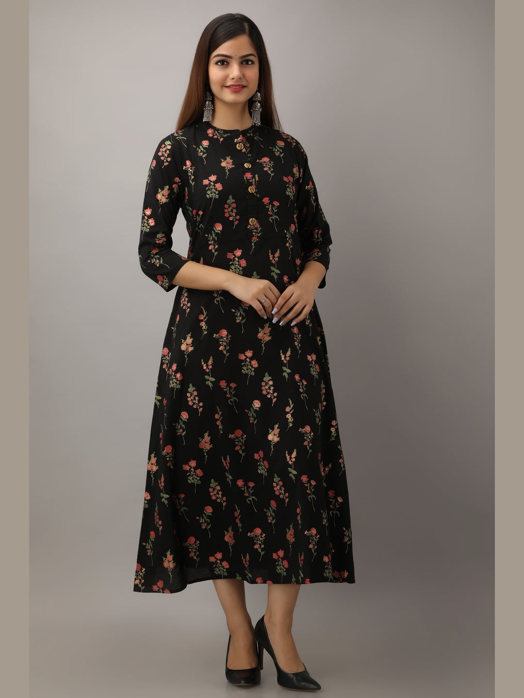 Cotton Printed Mandarin Neck 3/4 Sleeve A-line Ankle Length Kurta