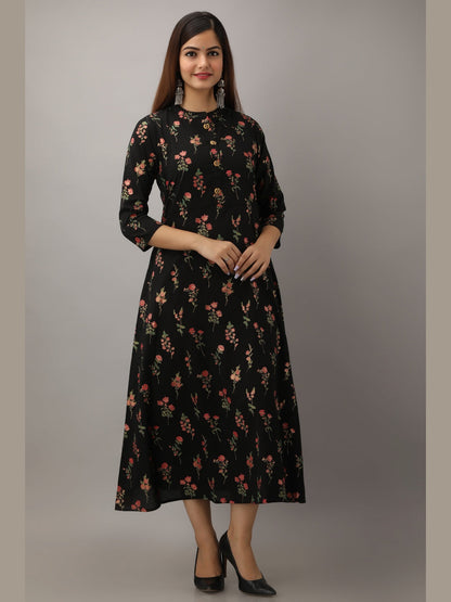 Cotton Printed Mandarin Neck 3/4 Sleeve A-line Ankle Length Kurta