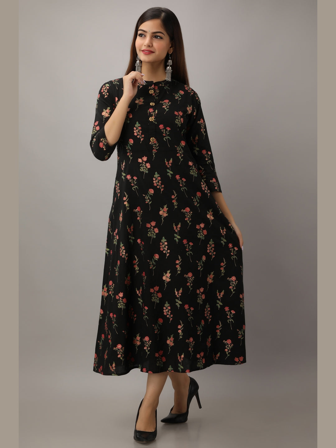 Cotton Printed Mandarin Neck 3/4 Sleeve A-line Ankle Length Kurta