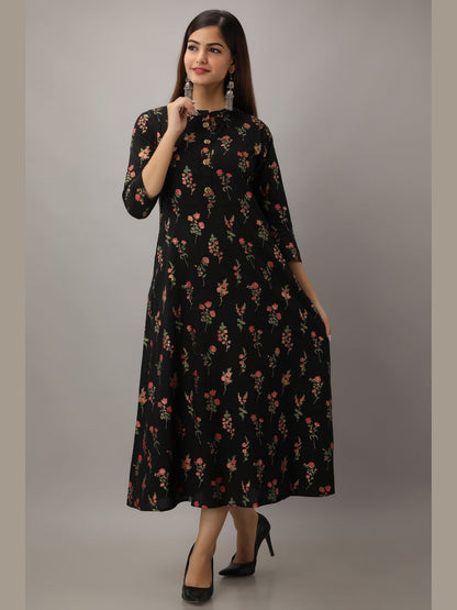 Cotton Printed Mandarin Neck 3/4 Sleeve A-line Ankle Length Kurta