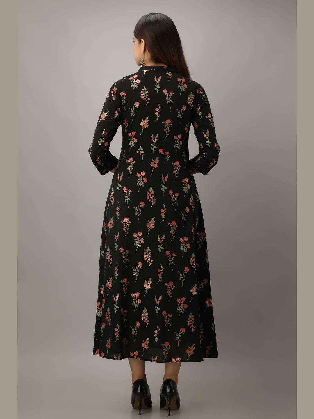 Cotton Printed Mandarin Neck 3/4 Sleeve A-line Ankle Length Kurta