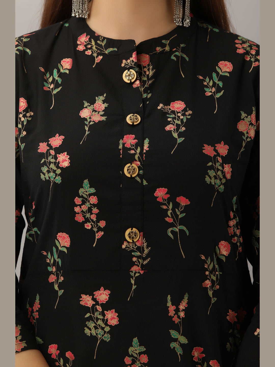 Cotton Printed Mandarin Neck 3/4 Sleeve A-line Ankle Length Kurta