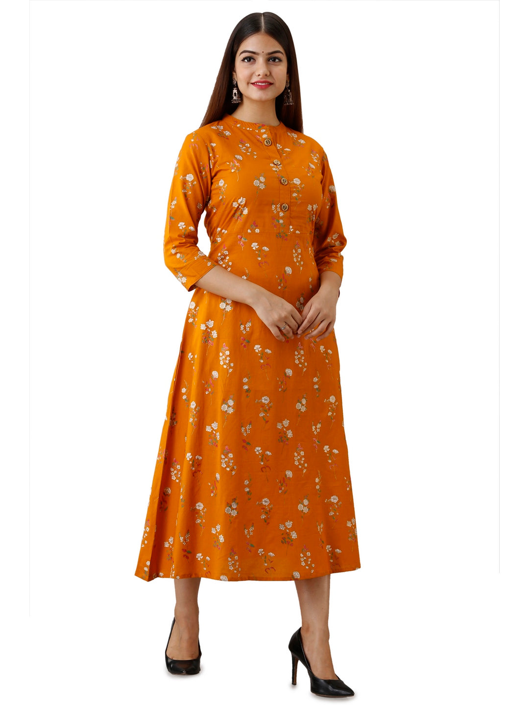 Cotton Printed Mandarin Neck 3/4 Sleeve A-line Ankle Length Kurta