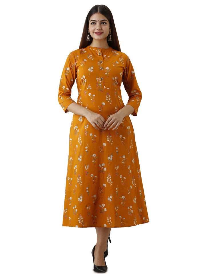 Cotton Printed Mandarin Neck 3/4 Sleeve A-line Ankle Length Kurta