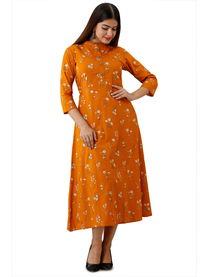 Cotton Printed Mandarin Neck 3/4 Sleeve A-line Ankle Length Kurta