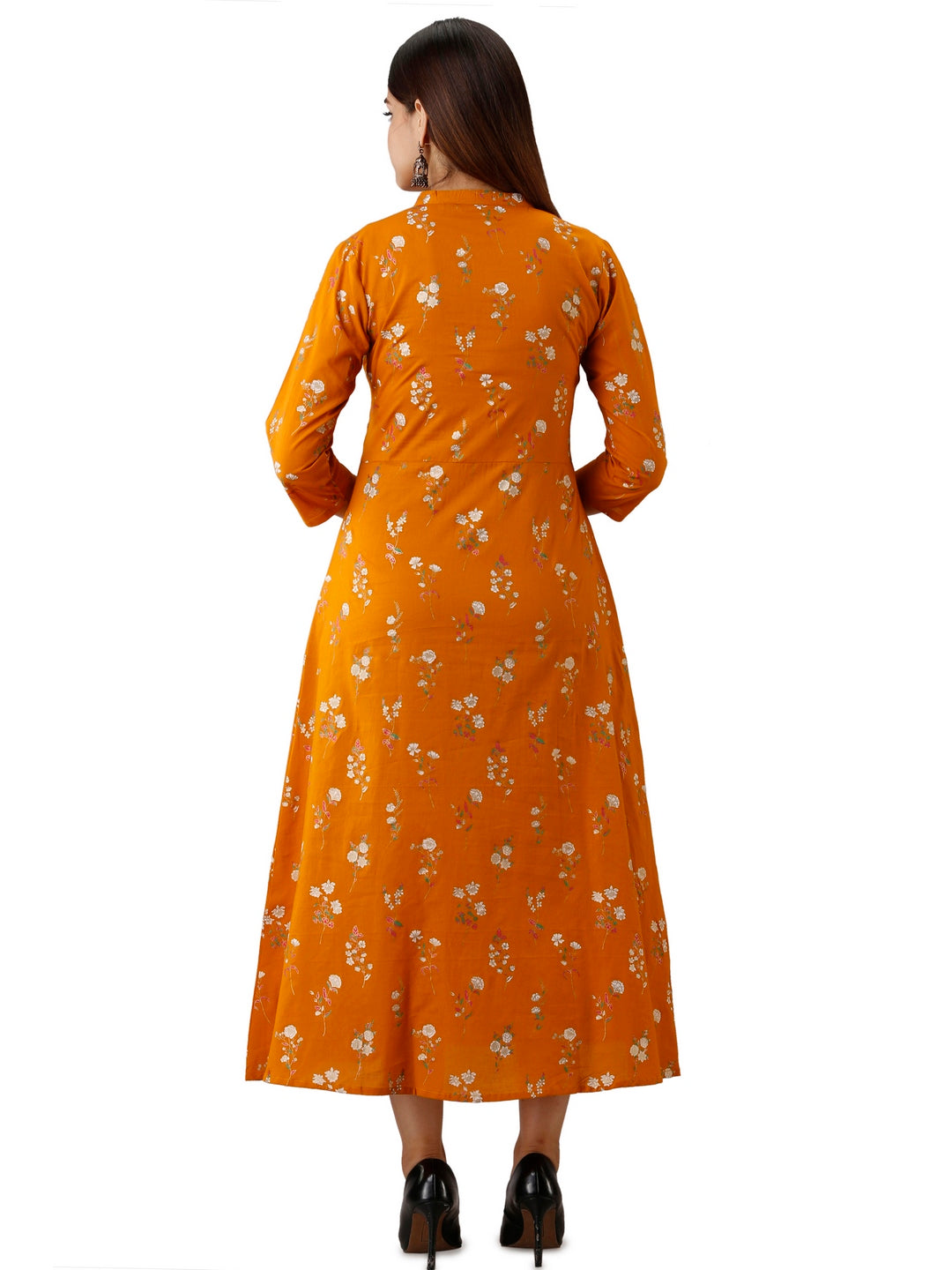Cotton Printed Mandarin Neck 3/4 Sleeve A-line Ankle Length Kurta