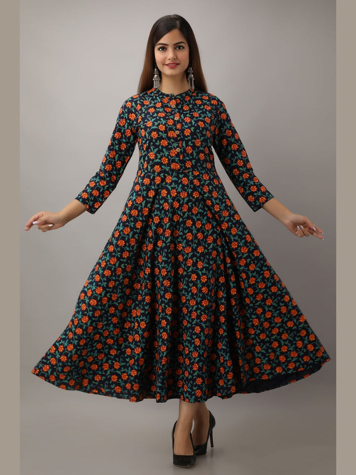 Cotton Printed Mandarin Neck 3/4 Sleeve Flared Ankle Length Kurta